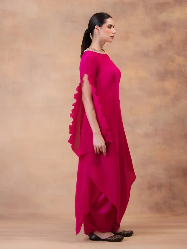Fuchsia Flow Drape Tunic With Dhoti Pants
