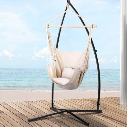 Gardeon Hammock Chair Outdoor Camping Hanging with Steel Stand Cream -Home Living Store - -