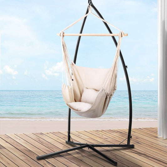 Gardeon Hammock Chair Outdoor Camping Hanging with Steel Stand Cream -Home Living Store - -