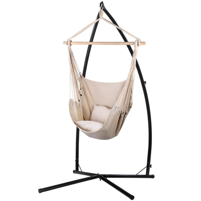 Gardeon Hammock Chair Outdoor Camping Hanging with Steel Stand Cream -Home Living Store - -