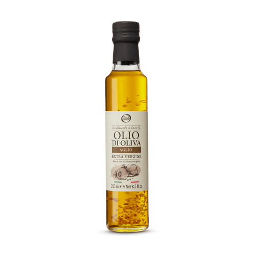Bottle of olive oil with a label on a white background