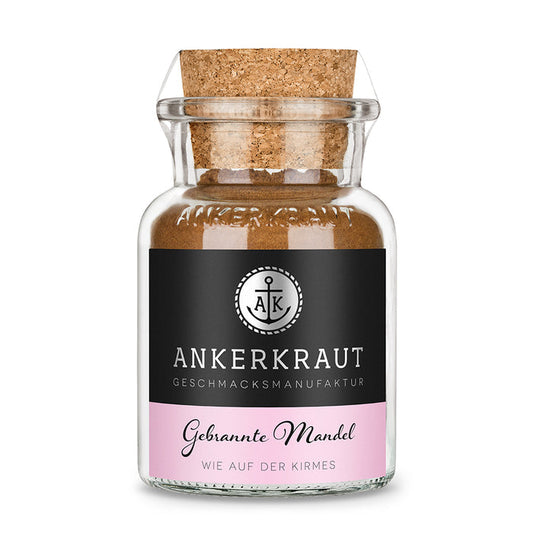 Gebrannte Mandeln Gewürz von Ankerkraut im Korkenglas auf weißem Hintergrund.