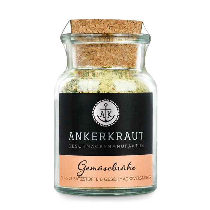 Gemüsebrühe ohne Geschmacksverstärker von Ankerkraut im Korkenglas auf weißem Hintergrund.