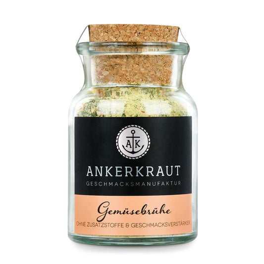 Gemüsebrühe ohne Geschmacksverstärker von Ankerkraut im Korkenglas auf weißem Hintergrund.
