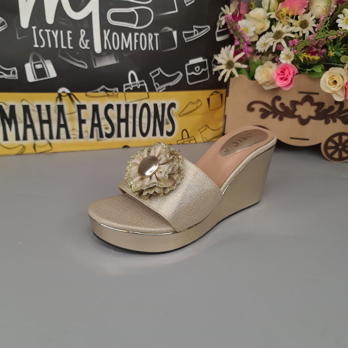 Golden Wedge Slippers - Maha fashions -  Women Footwear