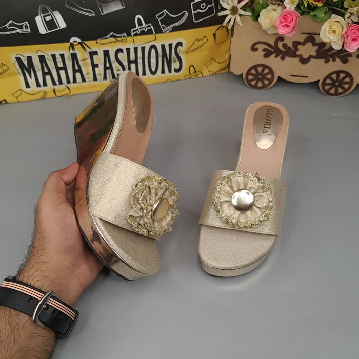 Golden Wedge Slippers - Maha fashions -  Women Footwear