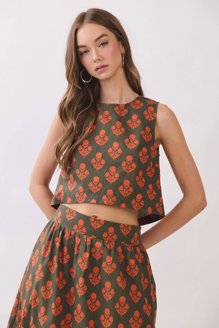 Good Company Olive Floral Print Back Button Down Crop Top