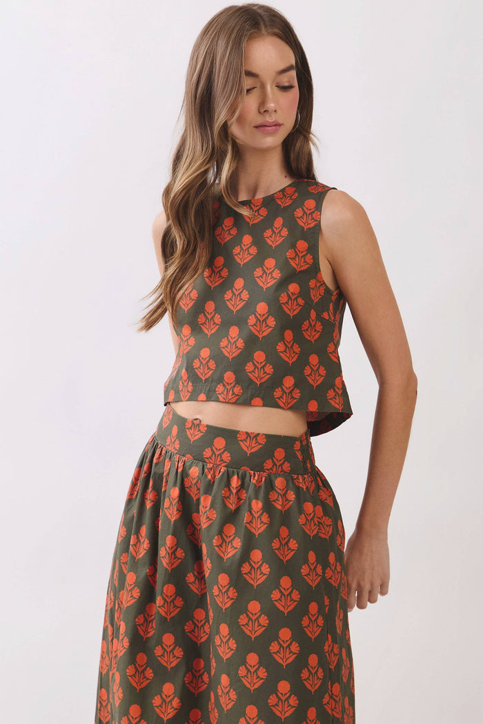 Good Company Olive Floral Print Back Button Down Crop Top