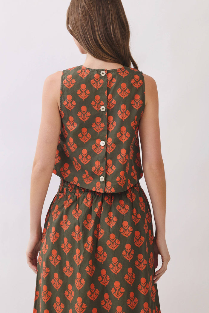 Good Company Olive Floral Print Back Button Down Crop Top