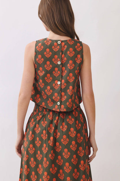 Good Company Olive Floral Print Back Button Down Crop Top
