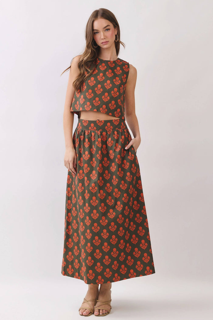 Good Company Olive Floral Print Back Button Down Crop Top