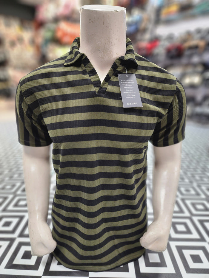 Green Black Classic Striped Polo Shirt - Maha fashions -
