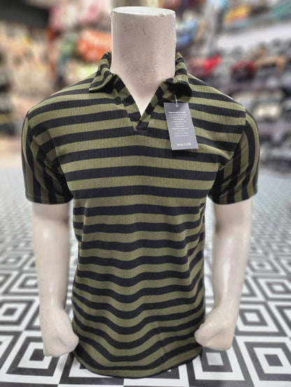 Green Black Classic Striped Polo Shirt - Maha fashions -