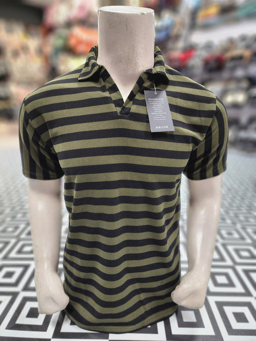 Green Black Classic Striped Polo Shirt - Maha fashions -