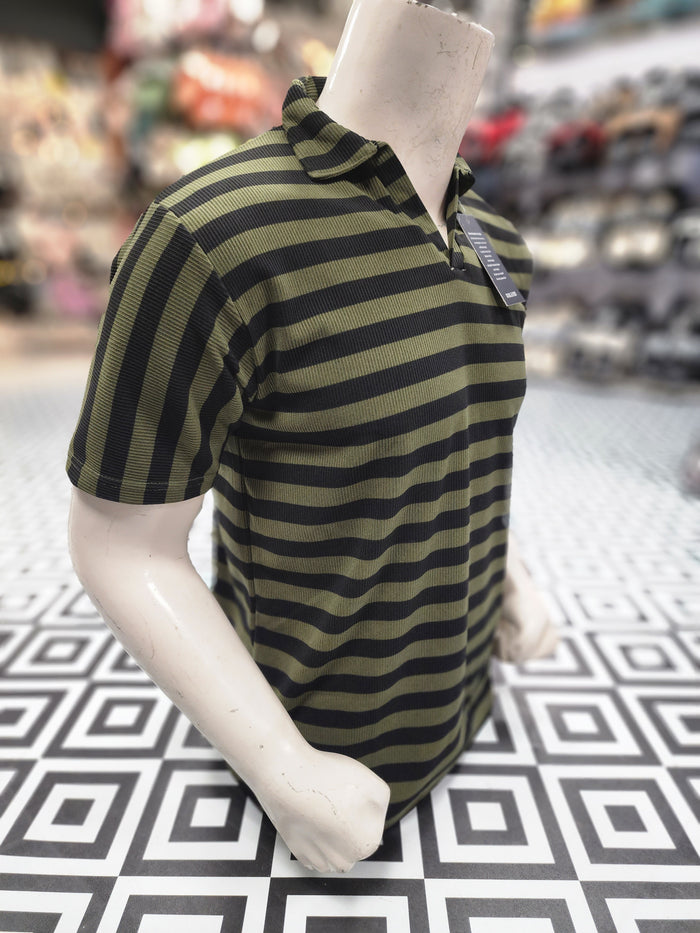 Green Black Classic Striped Polo Shirt - Maha fashions -