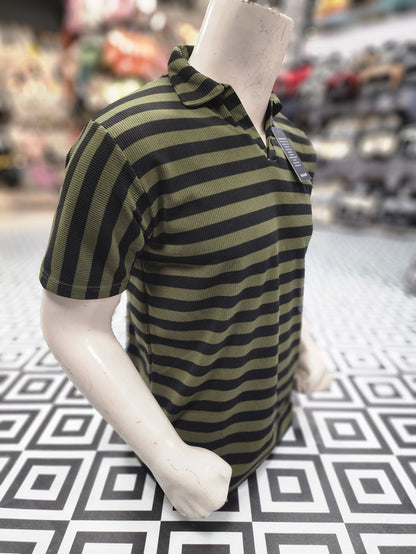 Green Black Classic Striped Polo Shirt - Maha fashions -