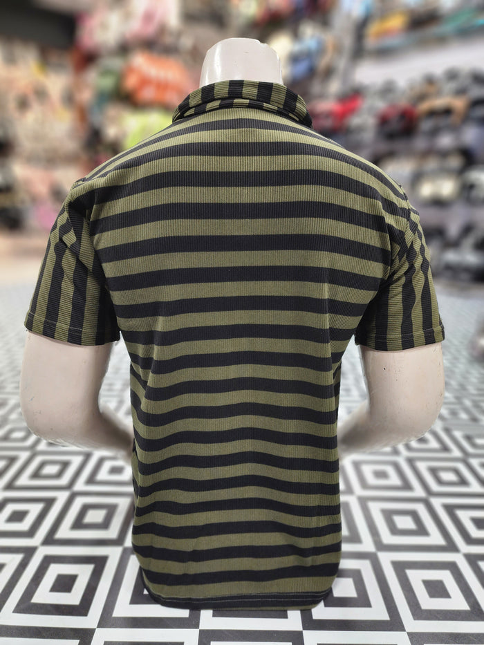 Green Black Classic Striped Polo Shirt - Maha fashions -