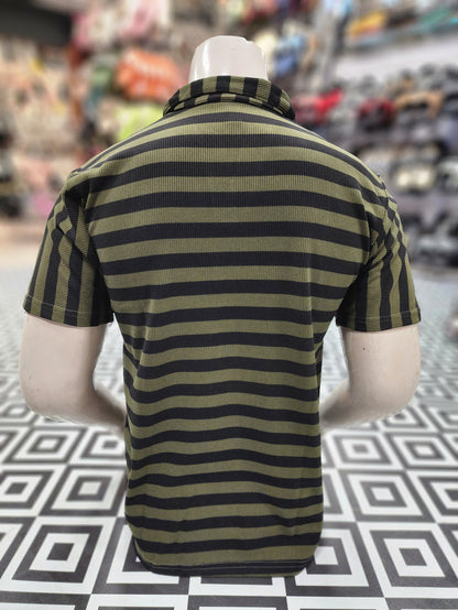 Green Black Classic Striped Polo Shirt - Maha fashions -