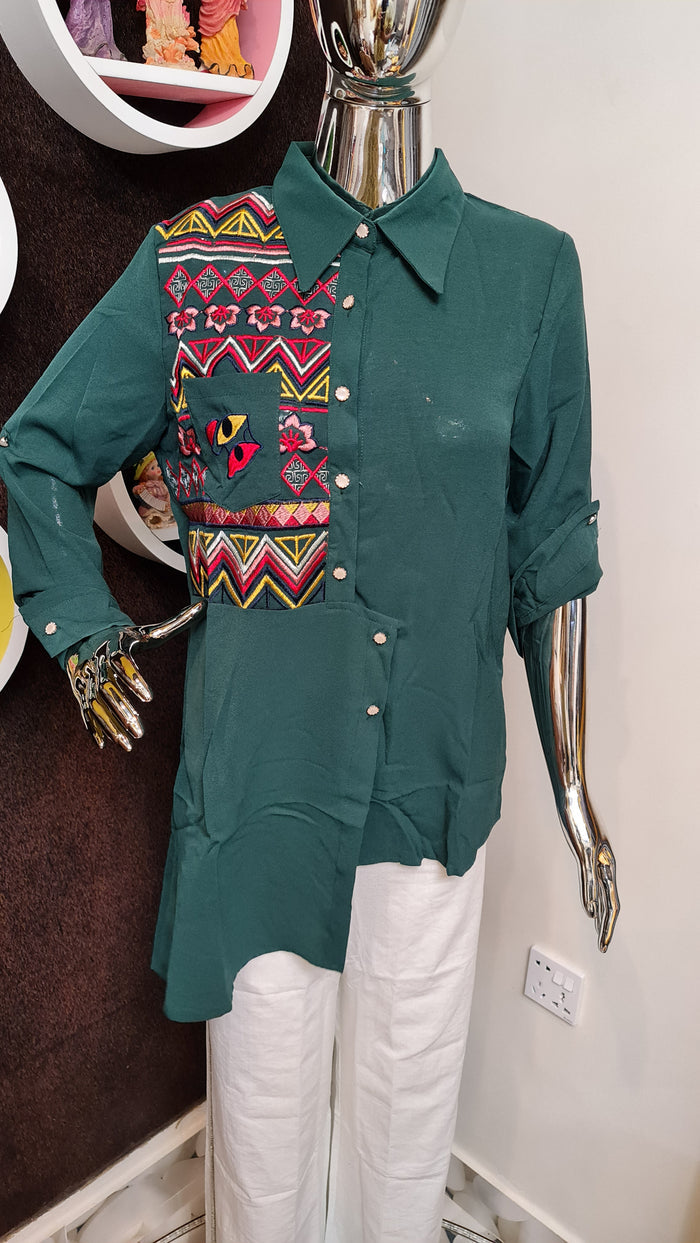 Green Embroidery casual shirt - Maha fashions -  Shirts