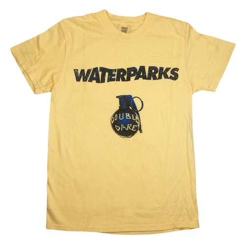 Yellow t-shirt made from soft, ring-spun cotton with WATERPARKS in bold text and a blue and black hand grenade illustration below labeled DOUBLE DARE.
