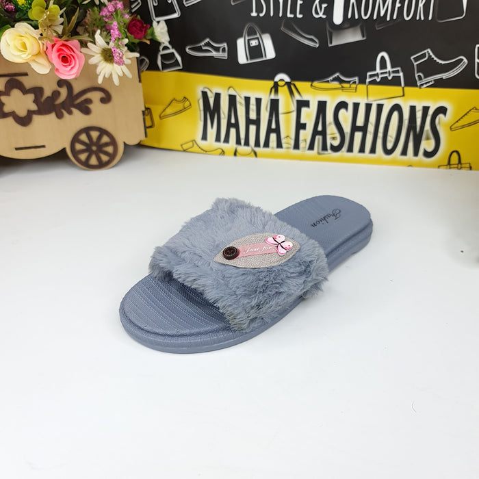 Grey Leaf Fur Slides - Maha fashions -