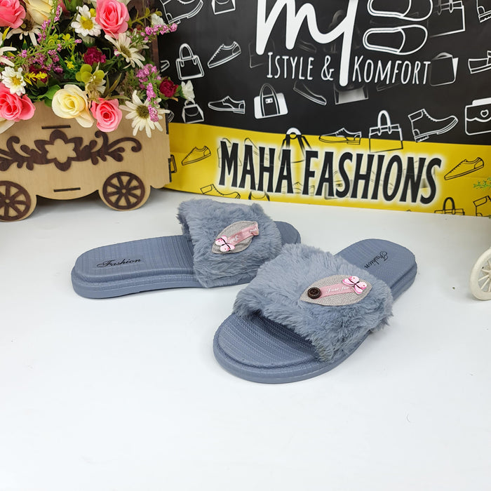 Grey Leaf Fur Slides - Maha fashions -