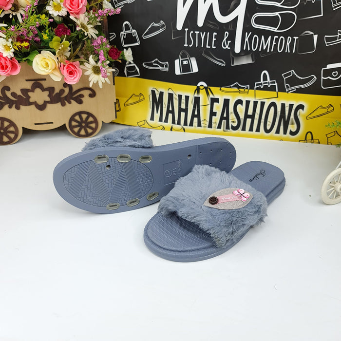 Grey Leaf Fur Slides - Maha fashions -