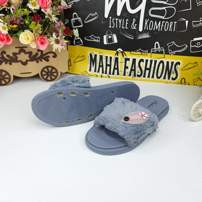 Grey Leaf Fur Slides - Maha fashions -