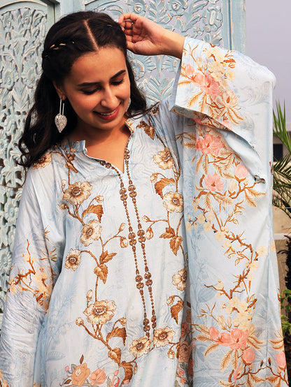 Falak Grey Moroccan Satin Silk Festive Dress front view
