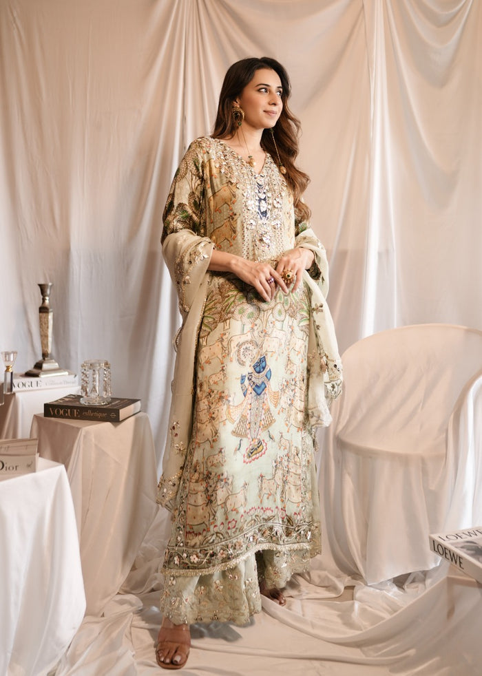 Paro Grey Moroccan Silk Kurta Pant Dupatta Set for women