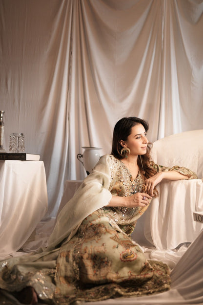 Paro Grey Moroccan Silk Kurta Pant Dupatta Set | Kurti Singapore