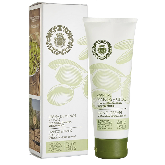 A tube of hand cream with EVOO next to its packaging box, both featuring olive branch graphics.
