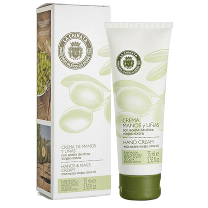A tube of hand cream with EVOO next to its packaging box, both featuring olive branch graphics.