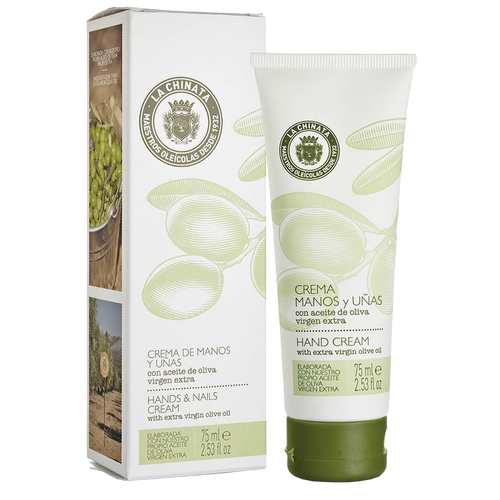 A tube of hand cream with EVOO next to its packaging box, both featuring olive branch graphics.