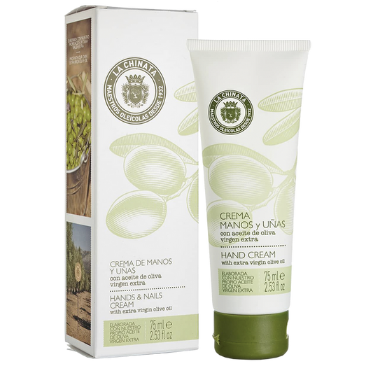 A tube of hand cream with EVOO next to its packaging box, both featuring olive branch graphics.