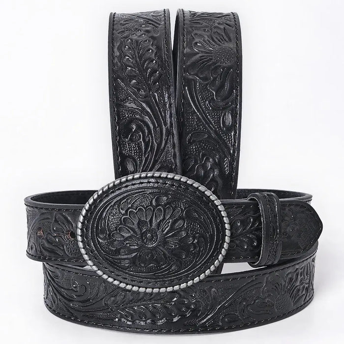 Hand-Tooled Black Floral Western Leather Belt with Oval Buckle