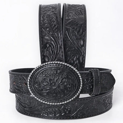 Hand-Tooled Black Floral Western Leather Belt with Oval Buckle