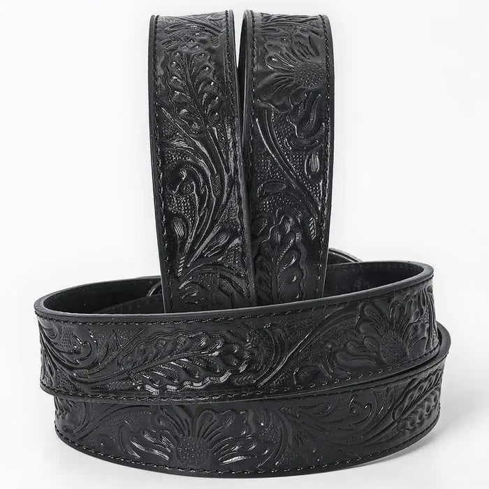 Hand-Tooled Black Floral Western Leather Belt with Oval Buckle