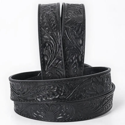 Hand-Tooled Black Floral Western Leather Belt with Oval Buckle