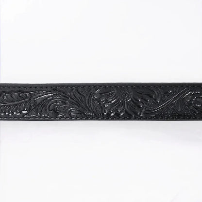 Hand-Tooled Black Floral Western Leather Belt with Oval Buckle