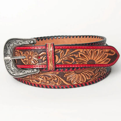 Hand-Tooled Western Leather Belt with Red Trim and Floral Engraving