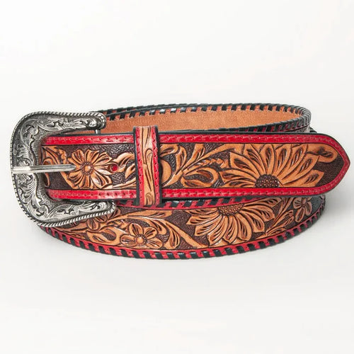 Hand-Tooled Western Leather Belt with Red Trim and Floral Engraving