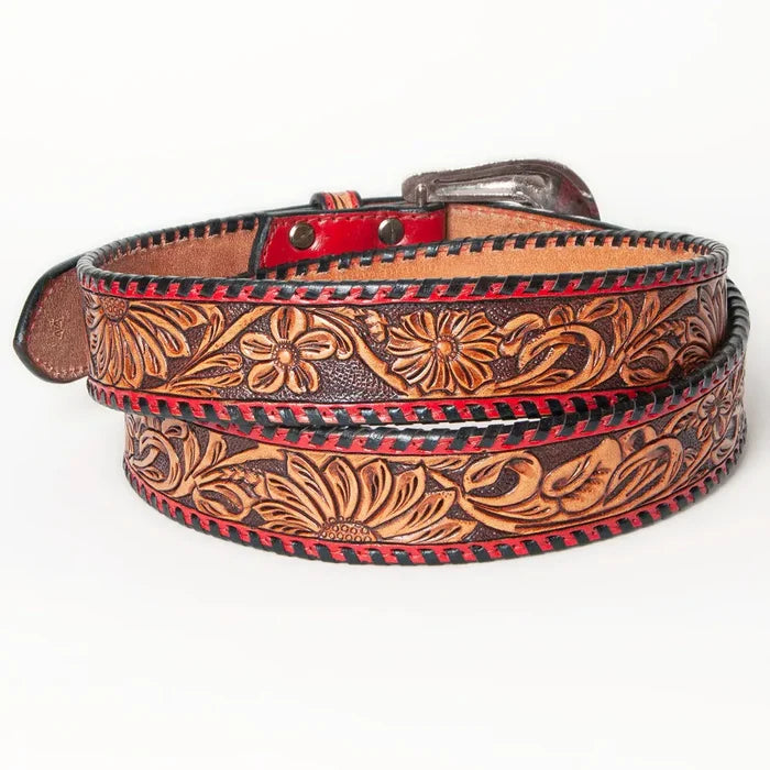 Hand-Tooled Western Leather Belt with Red Trim and Floral Engraving