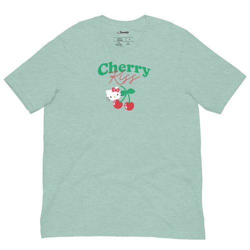 Hello Kitty Cherry Kiss Tee Apparel Printful Heather Prism Dusty Blue XS