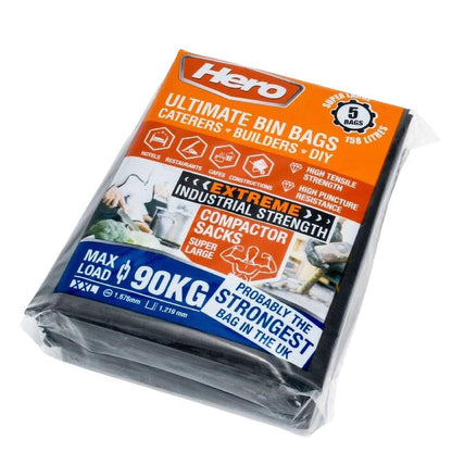 Hero Heavy Duty Super Large Ultimate Black Bin Bags 5-Pack