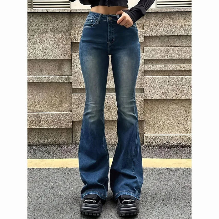 High waist flared jeans blue gray denim side view women FTF Market UK