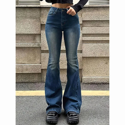 High waist flared jeans blue gray denim side view women FTF Market UK