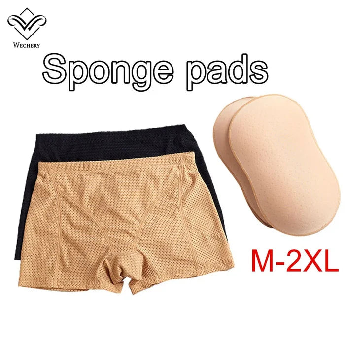 Beige boxer briefs with a beige sponge pad and 'Wcheery' branding on a white background.