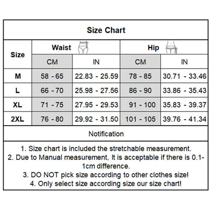 Size chart for waist and hip measurements with corresponding dimensions in centimeters and inches.