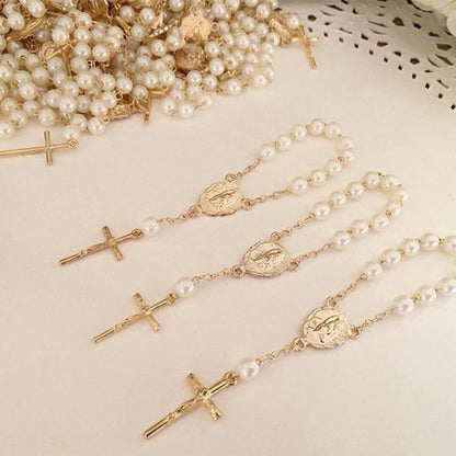 Holy Cross Mini Prayer Rosary Imitation Pearl Keepsake -Favor - Silver or Gold